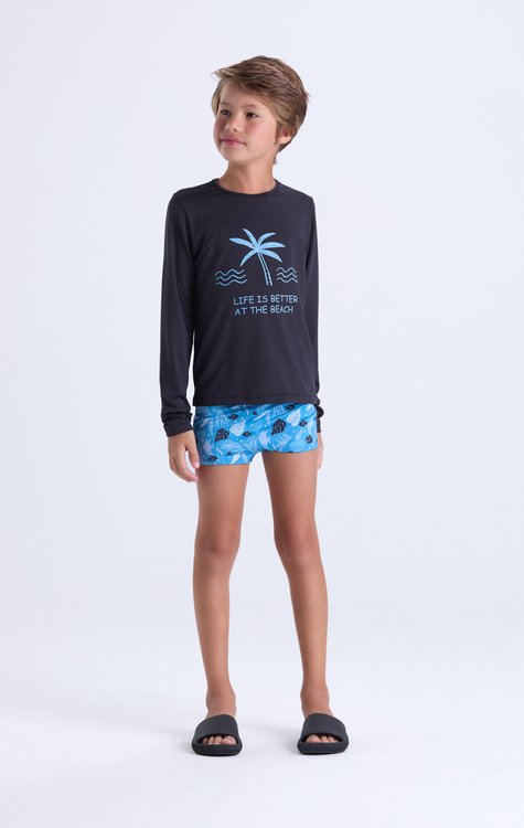 Conjunto Moda Praia Masculino Infantil Coqueiro Preto